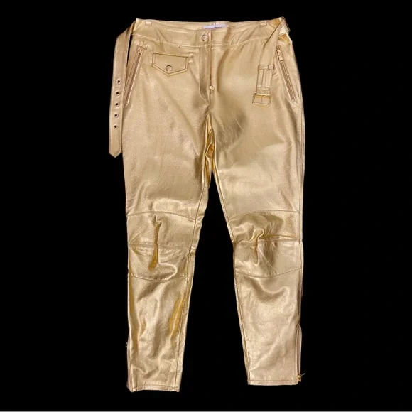H&Moschino Gold Calf Leather Women's Pants Rare COLLAB - Picture 4 of 16